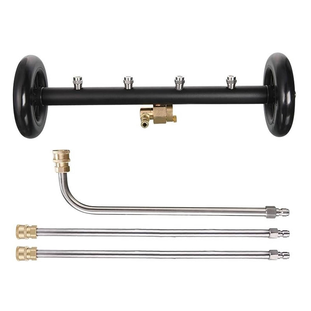 Undercarriage pressure washer attachment with black wheel bar and two extension wands