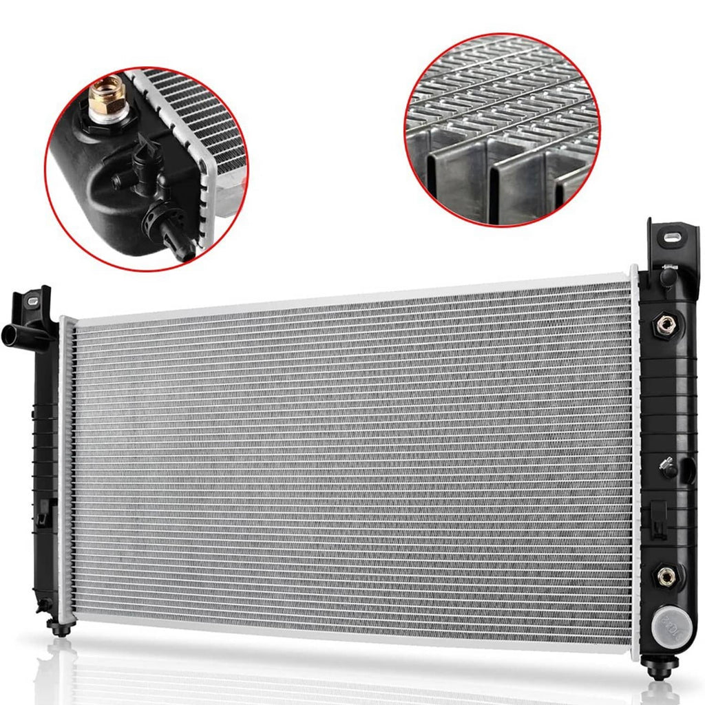 Aluminum radiator with black plastic end tanks and inlet/outlet connections