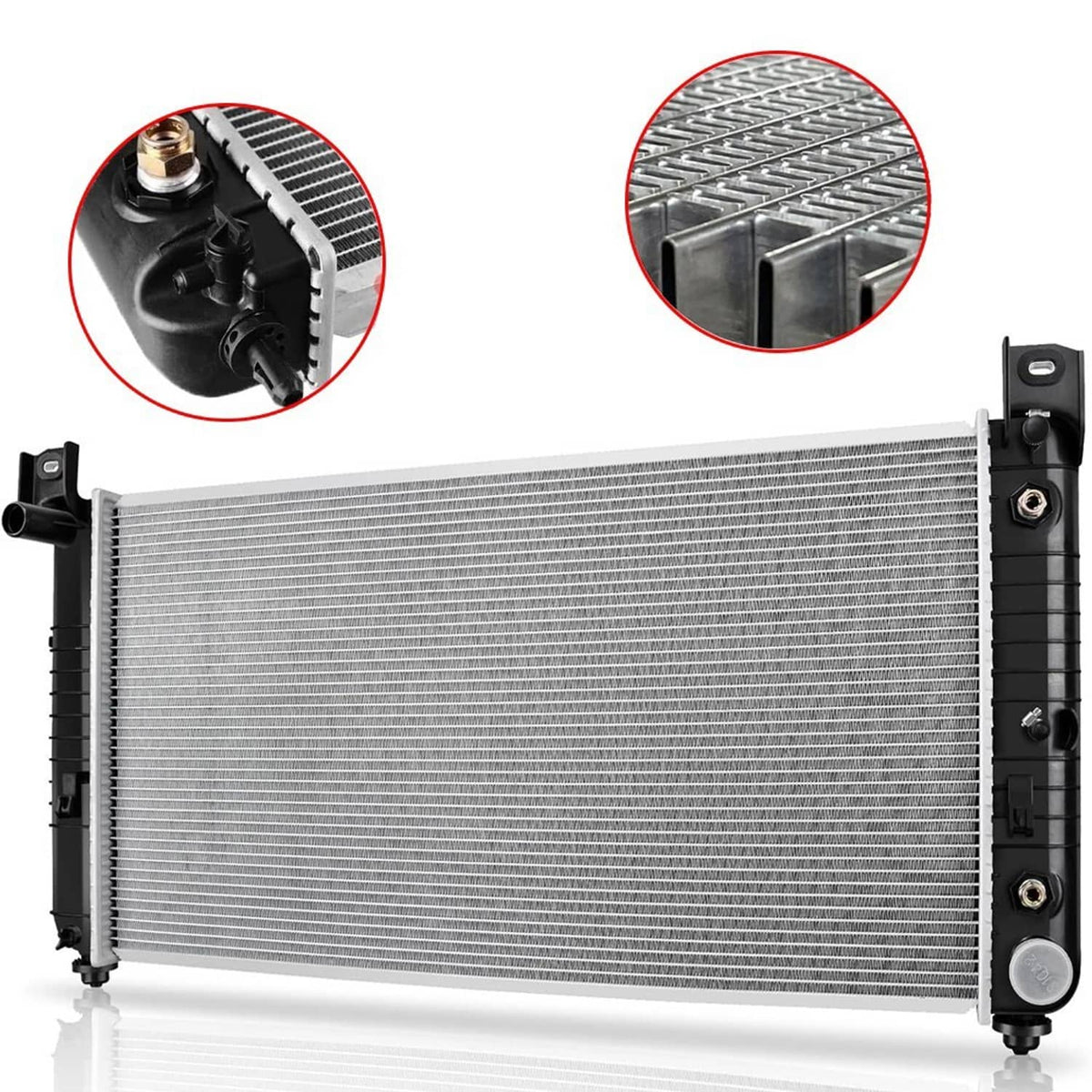 Aluminum radiator with black plastic end tanks and inlet/outlet connections