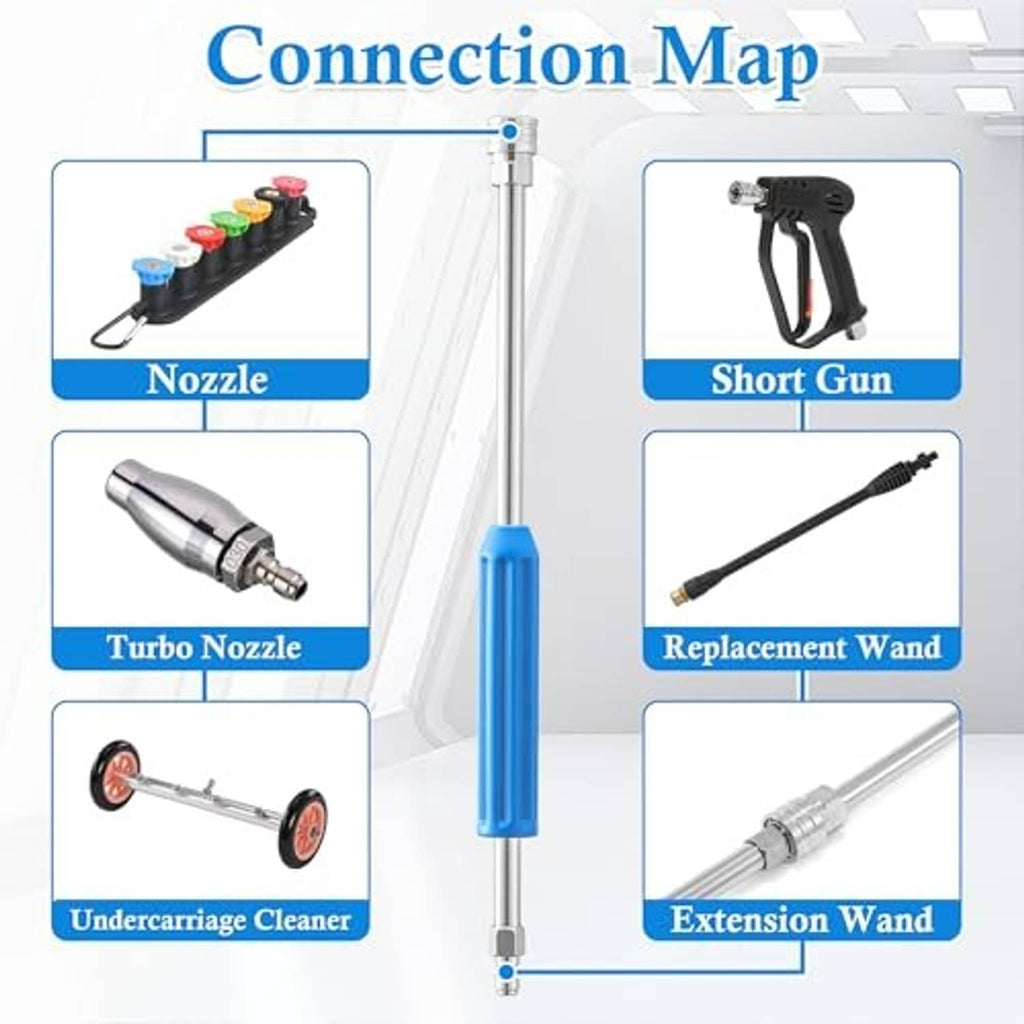 Pressure washer extension wand diagram with blue grip and metal threaded connectors