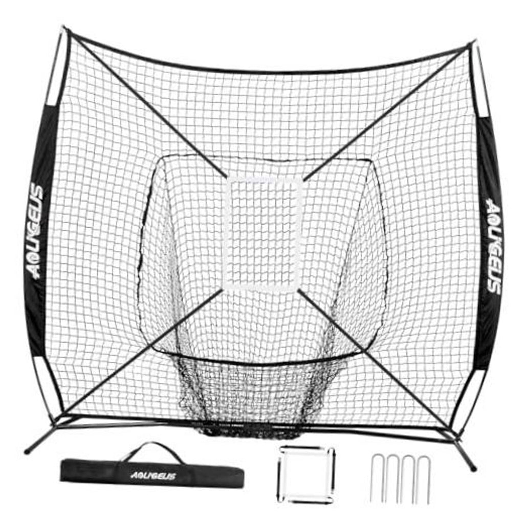 Baseball practice net with strike zone target, black frame and white knottless mesh