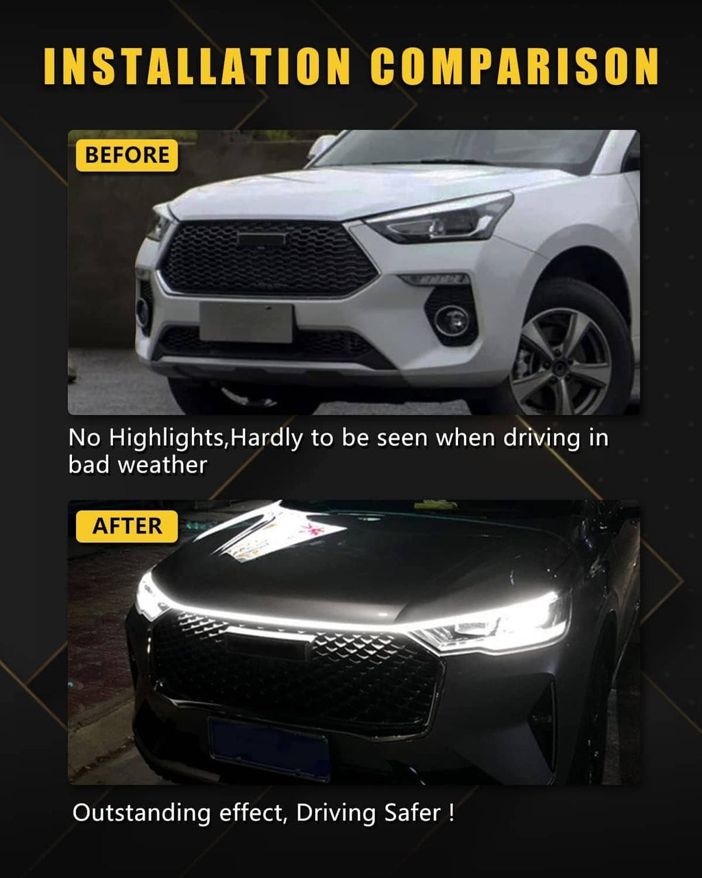 Car LED hood light strip kit creating a bright scan effect on the front