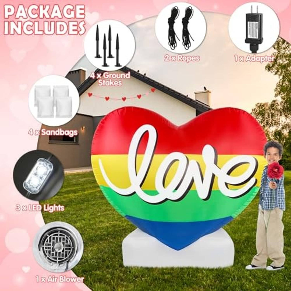 Inflatable Pride rainbow heart with 'Love' script and white base for outdoor setup