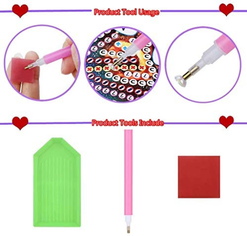 Diamond painting tool set with applicator pen, drill tips, and accessory pieces