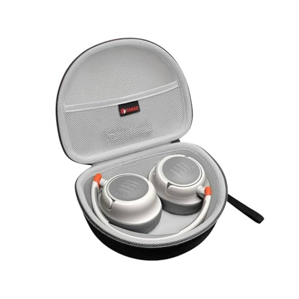 Gray semi-rigid headphone storage case with mesh front; open lid with black strap.
