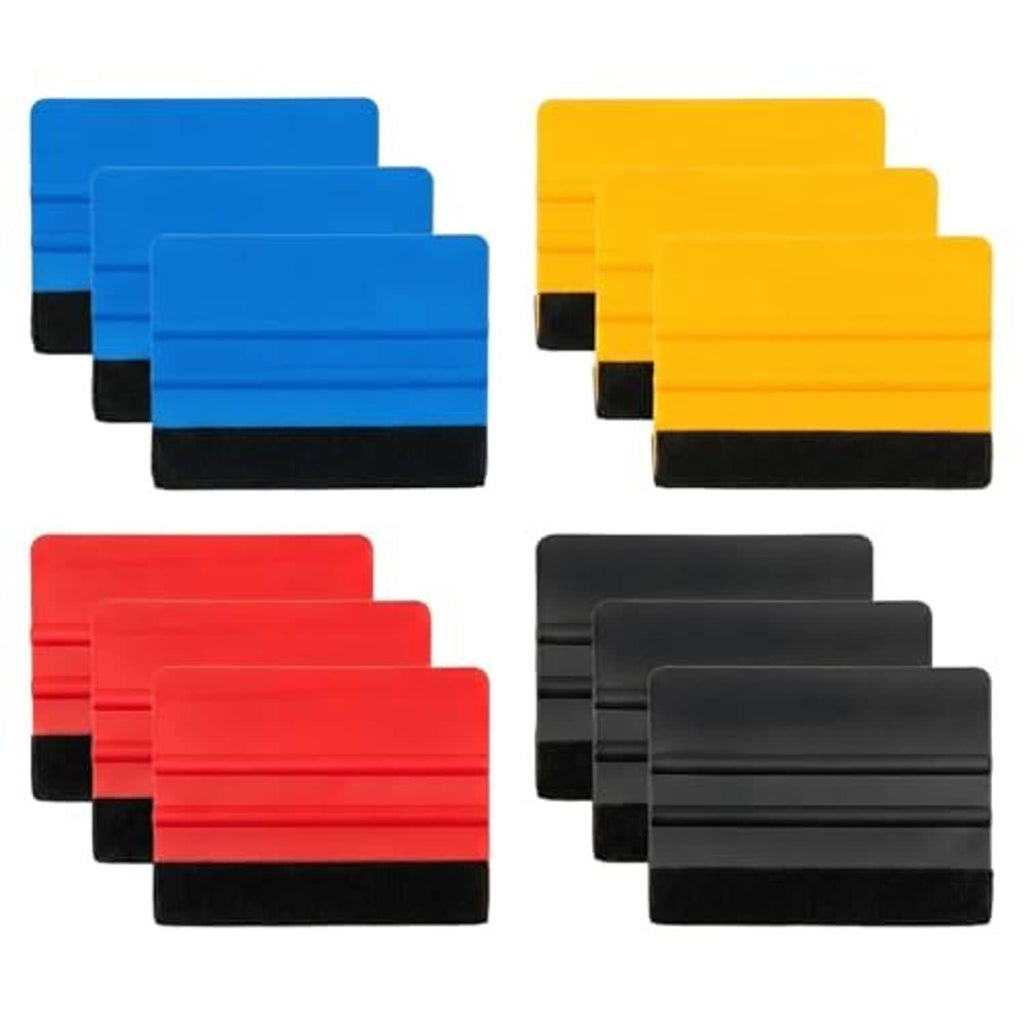 Plastic felt-edge squeegee set with blue, yellow, red, and black squeegees