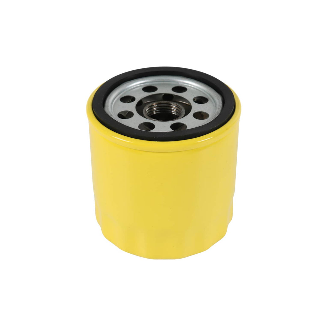 Yellow oil filter with black rim and metal center, visible threaded outlet