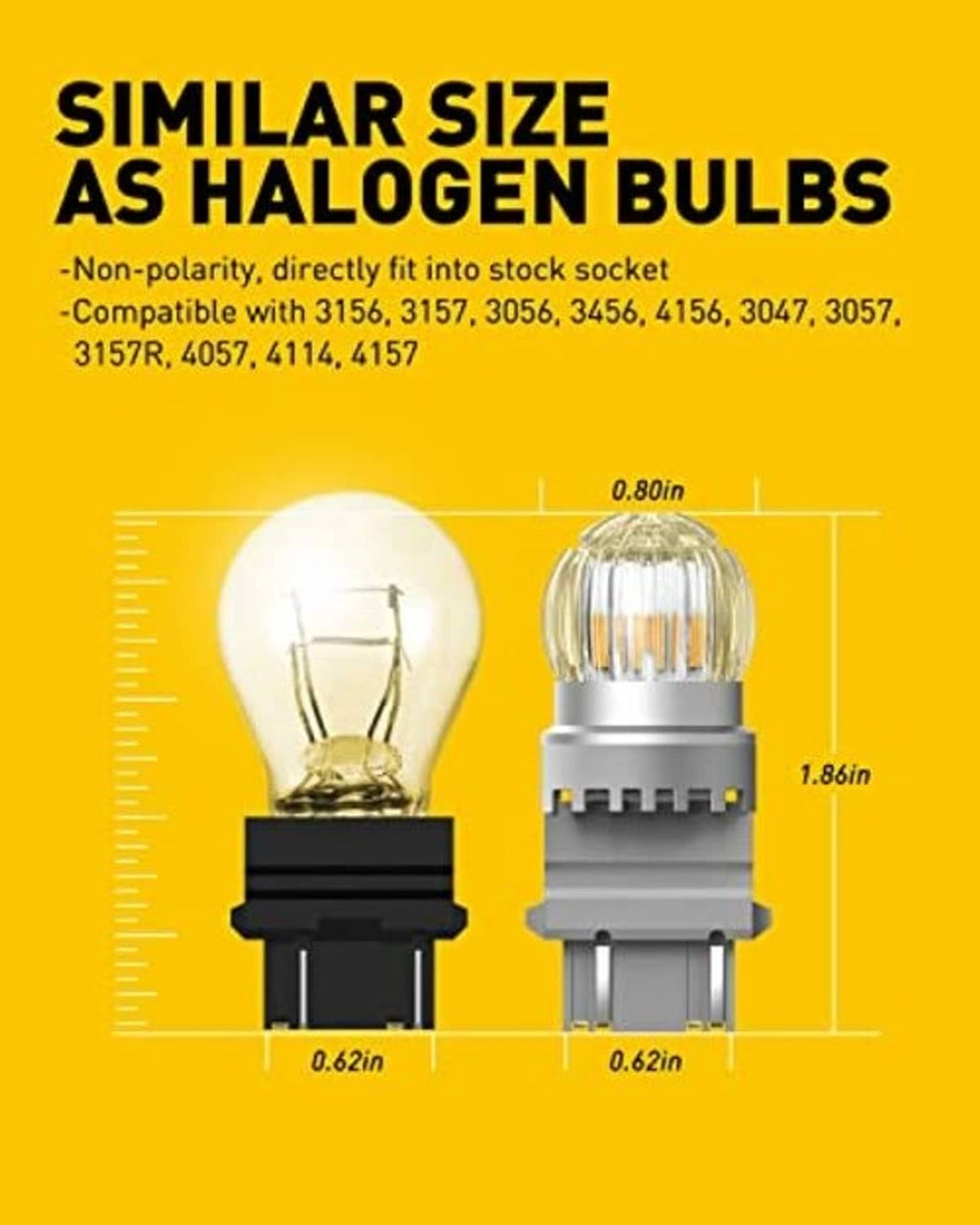 Amber LED turn signal bulbs with silver base and clear glass dome, size diagram