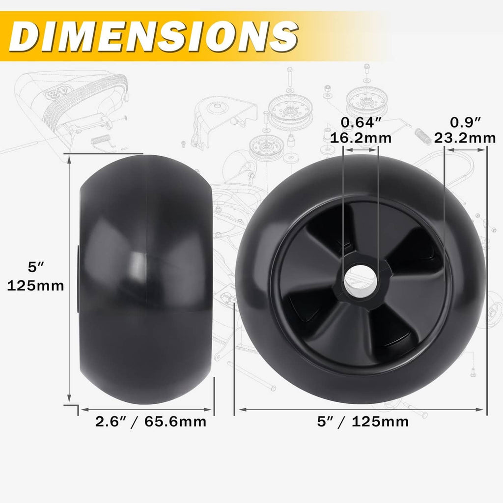 Black lawn mower deck gauge wheel dimensions, 5 in (125 mm) diameter