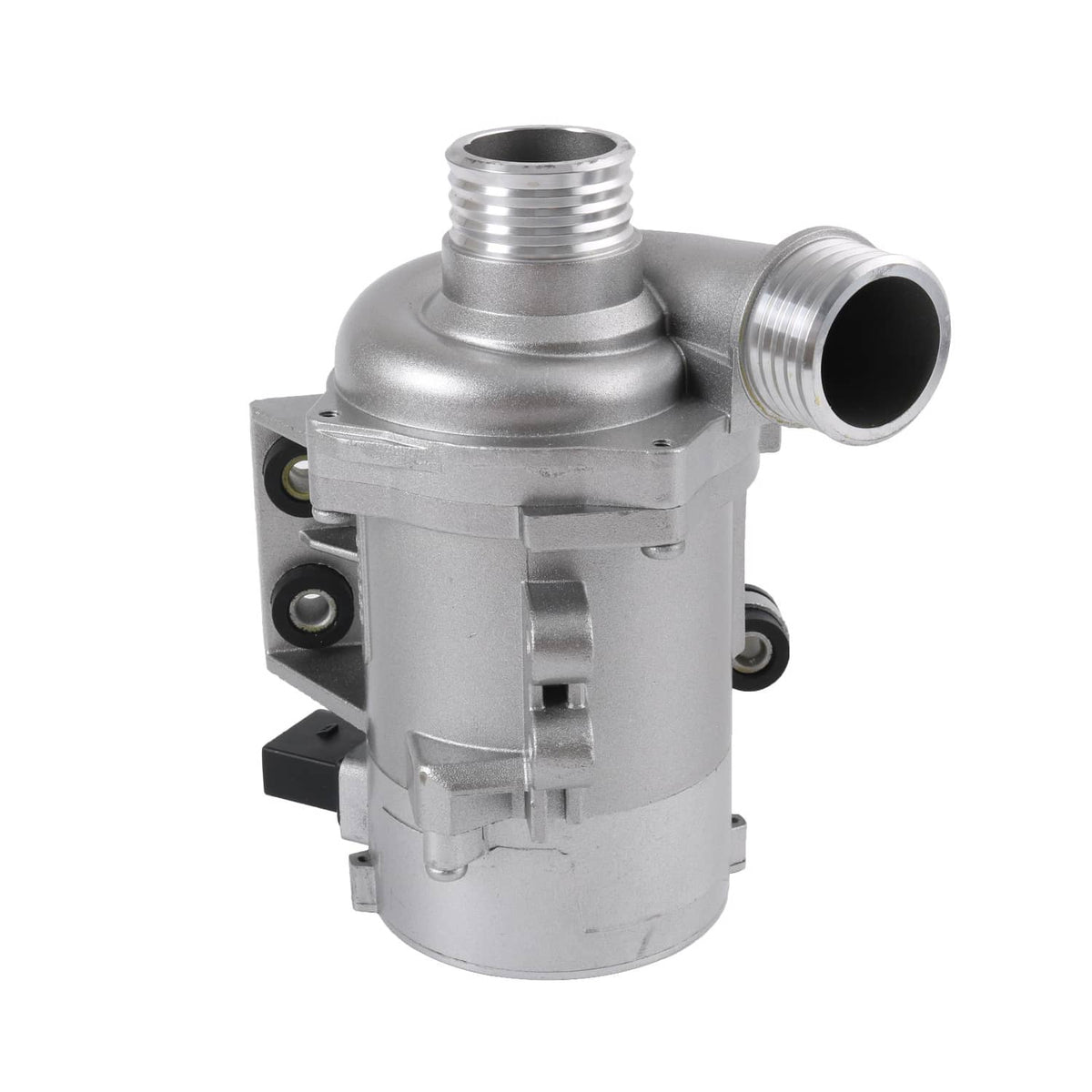 Silver electric water pump with two threaded ports and side mounting brackets