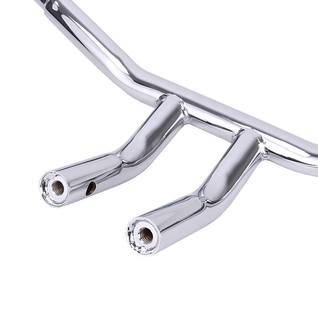 Close-up of chrome handlebar risers and mounting ends with bolt holes