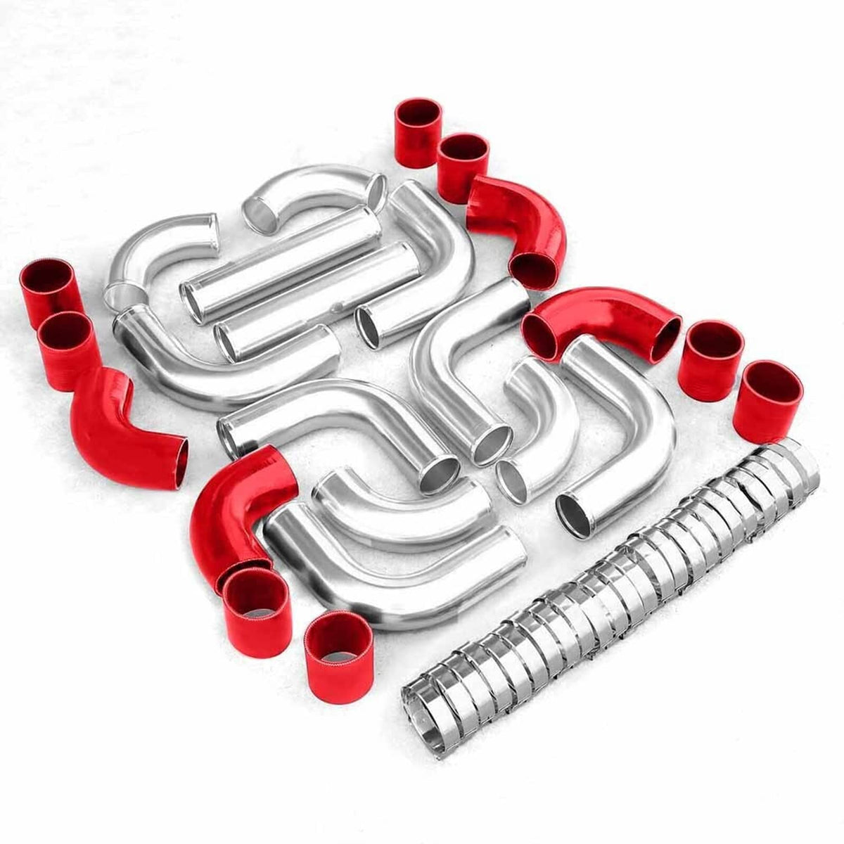 Complete intercooler piping kit with polished metal bends, red silicone couplers, clamps