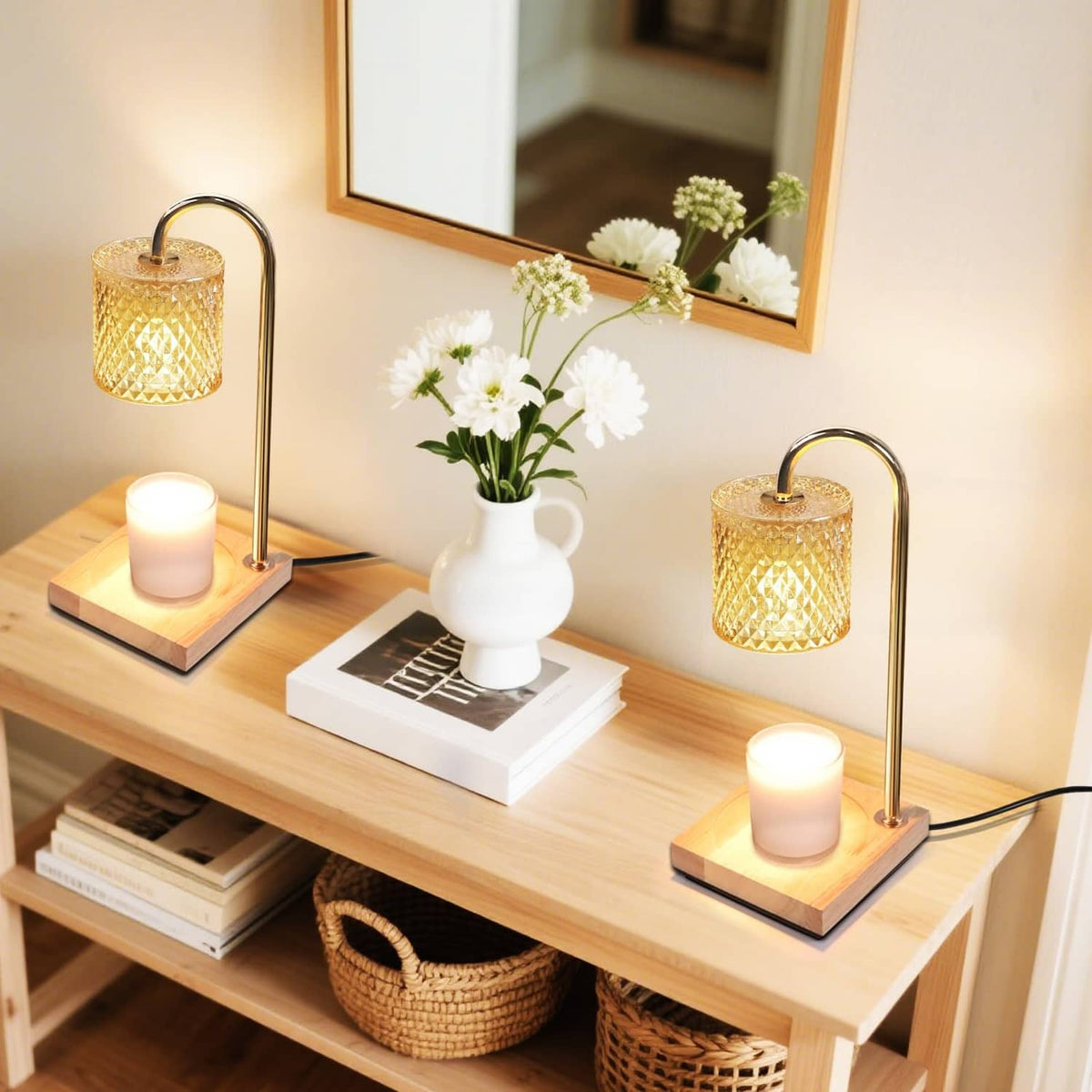 Candle warmer lamp with gold arched stand and amber textured glass shade on wooden base