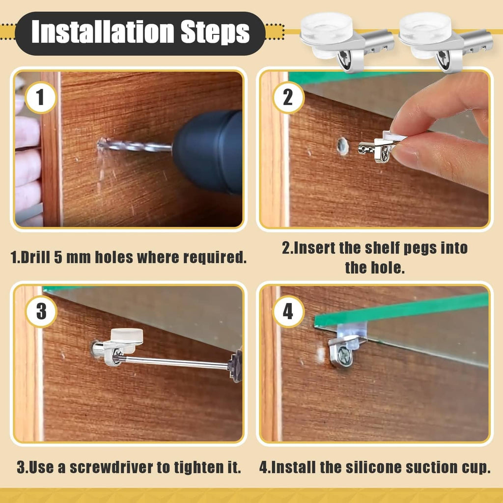 Metal shelf pegs with white silicone suction cups, installed in cabinet wood