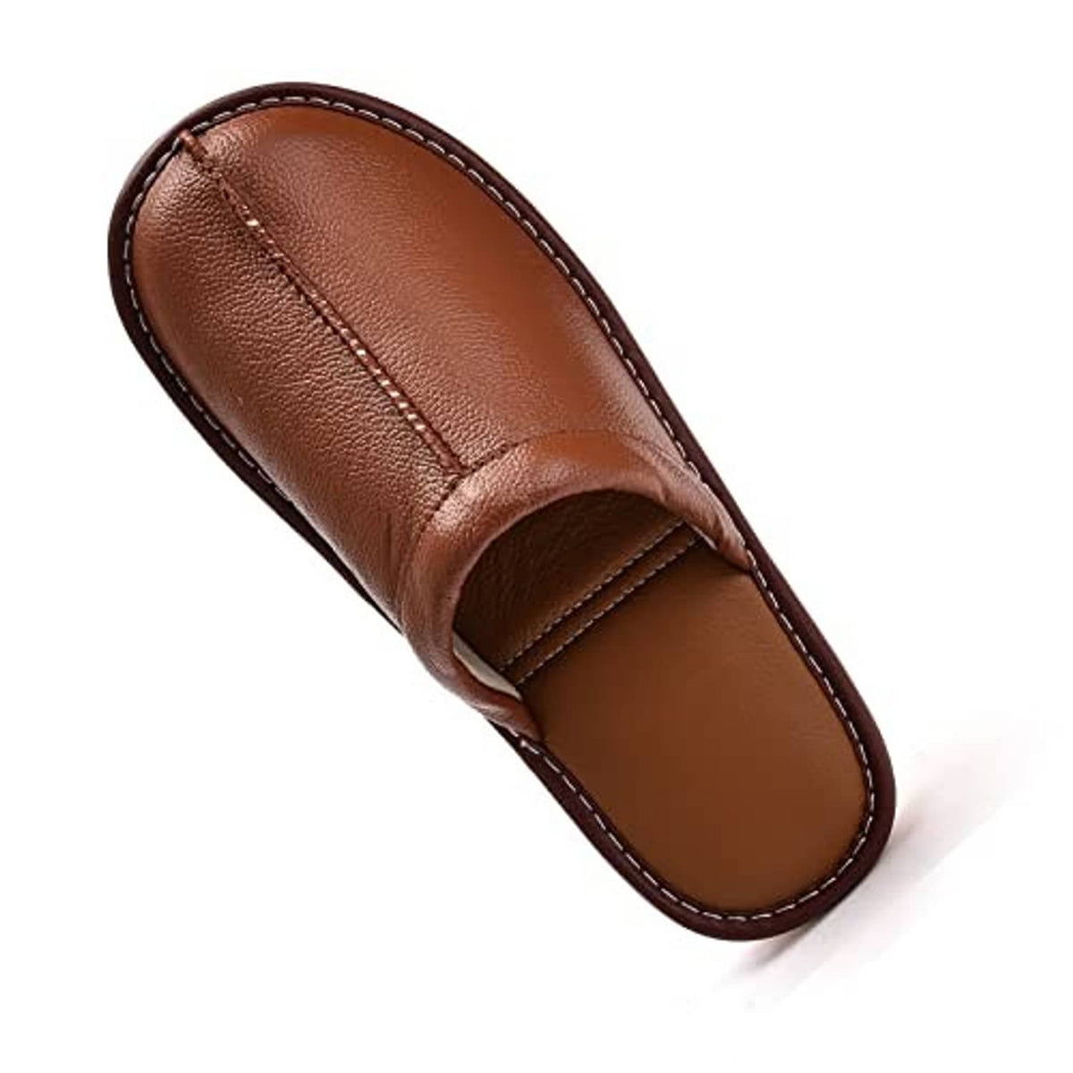 Light brown leather slip-on slippers with cushioned insole and side stitch seam