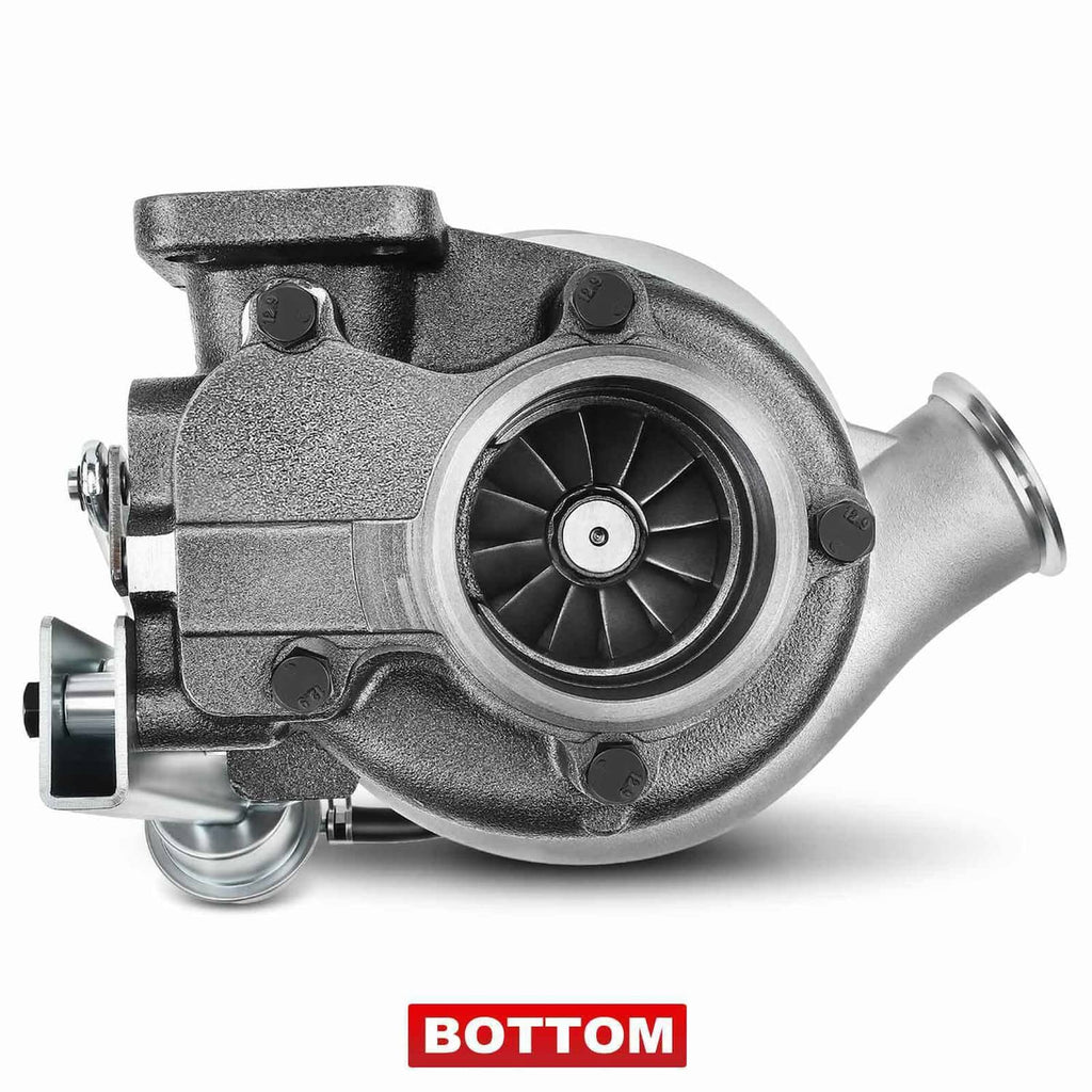 HX35W turbocharger bottom view showing turbine housing and compressor wheel opening