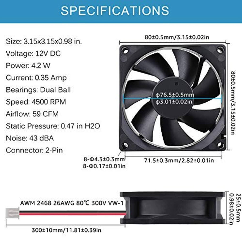 DC brushless cooling fan technical diagram with top and side dimension layout