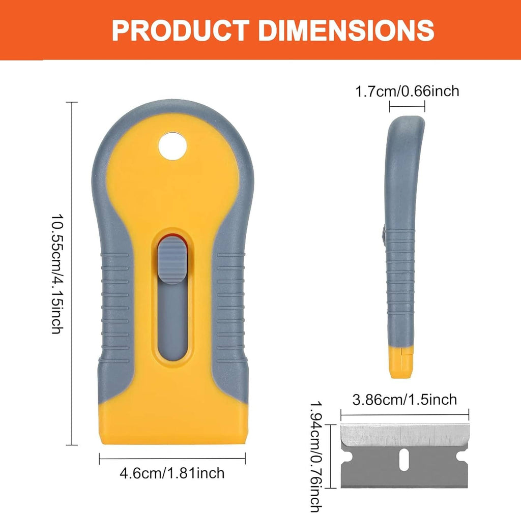 Retractable razor blade scraper with yellow handle and exposed blade edge, gray guard
