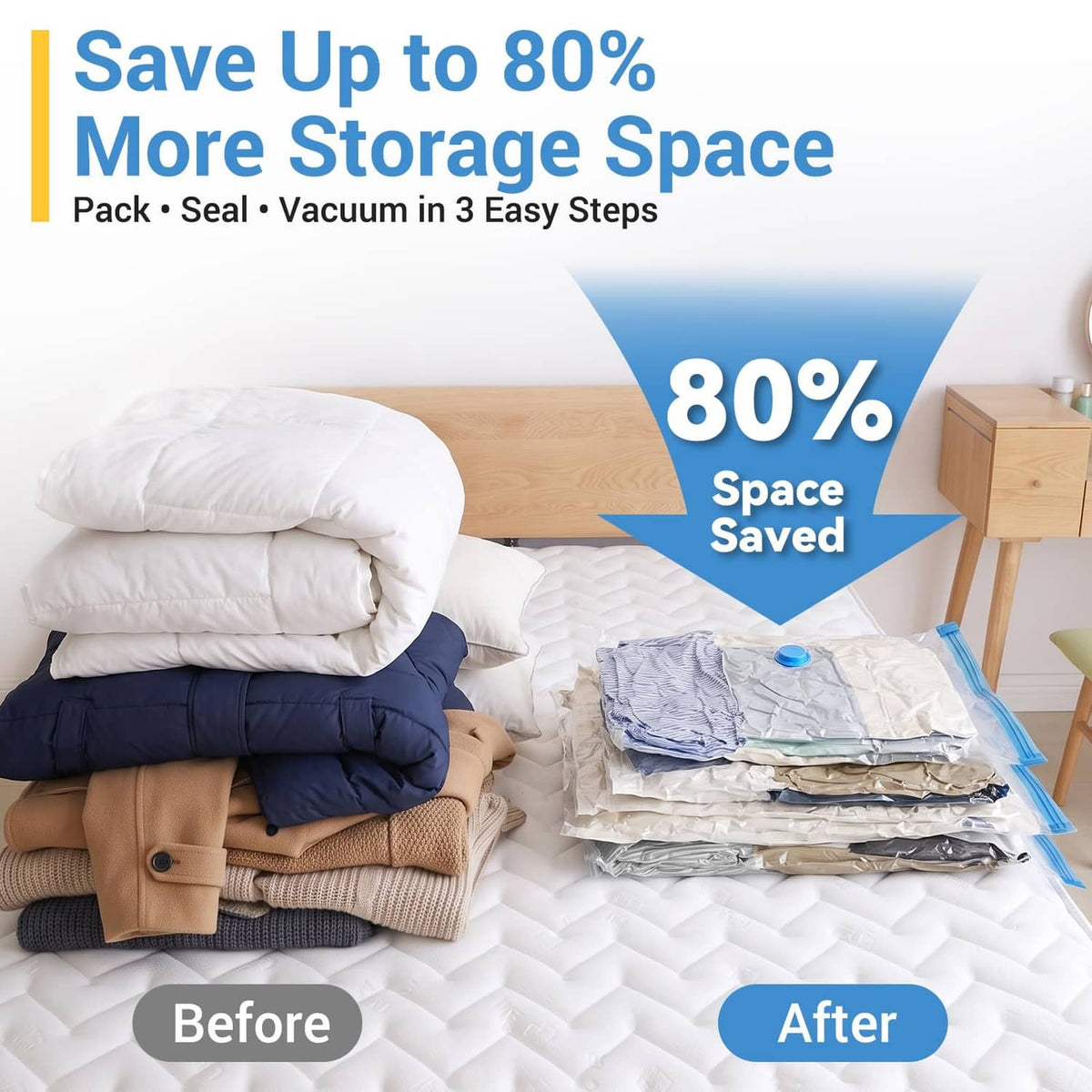 Vacuum storage bags compress bedding before-and-after using a blue hand pump nozzle