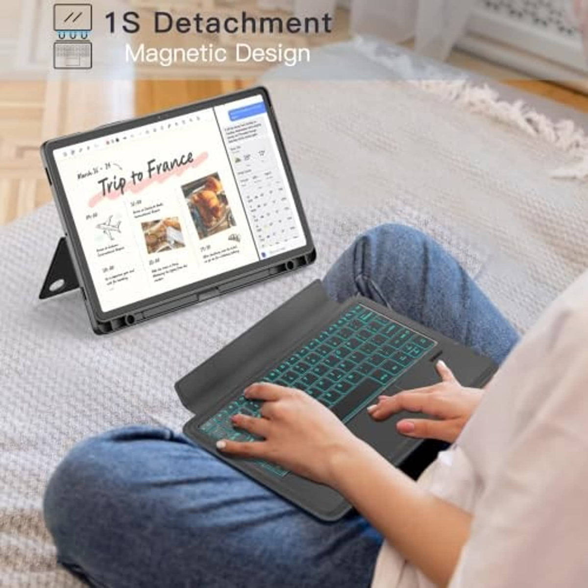 Magnetic keyboard case attaches quickly; tablet on adjustable stand