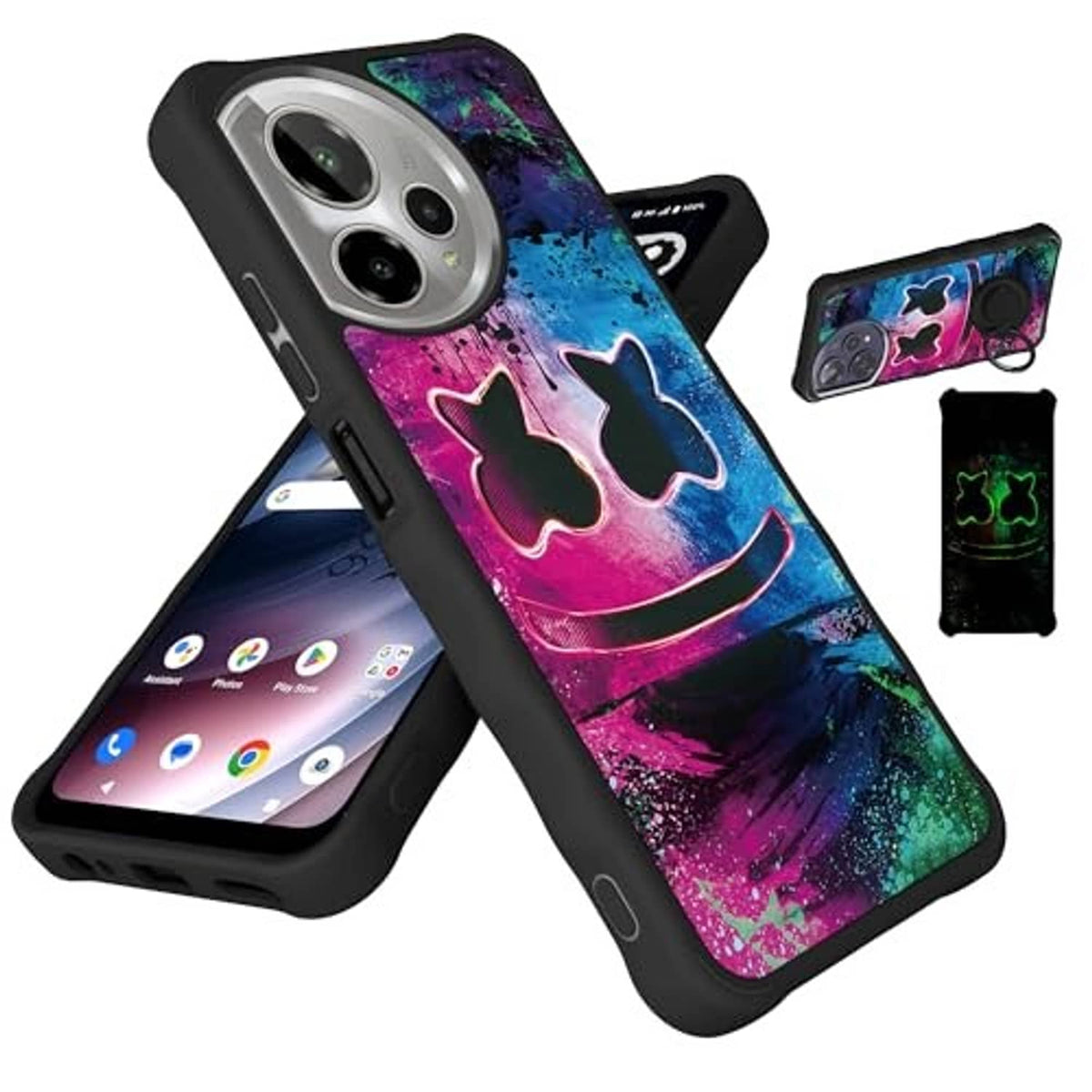 Rugged black dual-layer phone case with vibrant graffiti artwork, camera lens openings visible.
