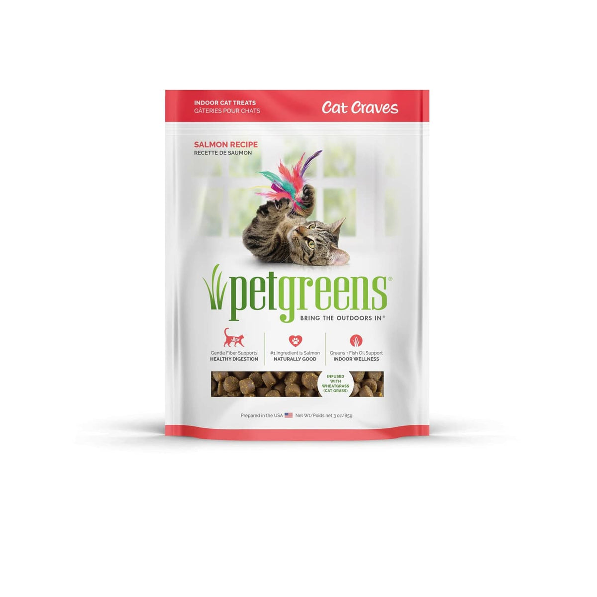 Salmon recipe cat treats pouch with red top seal and netgreens branding