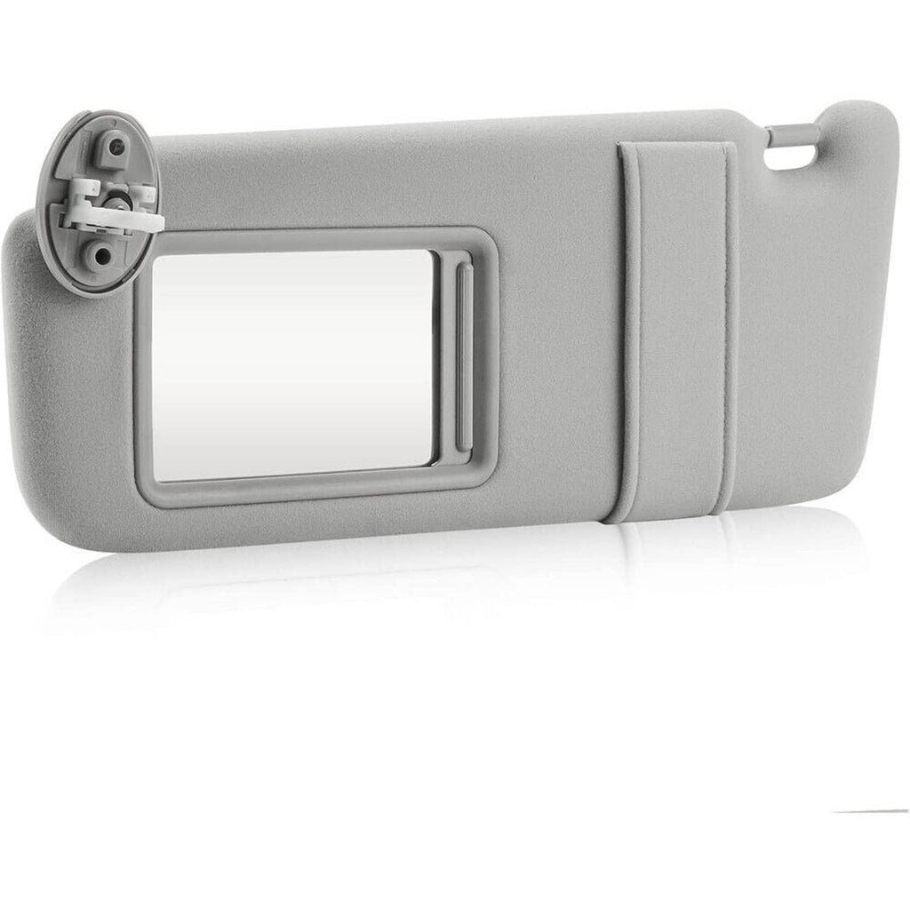 Light gray sun visor with rectangular mirror cutout and mounting tab