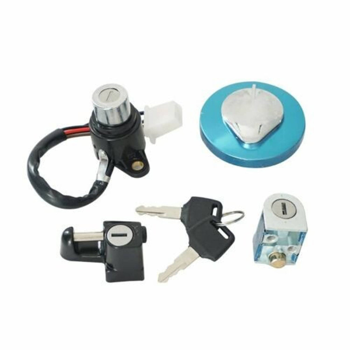 Ignition switch and seat lock key set with keys and cap lock cylinder