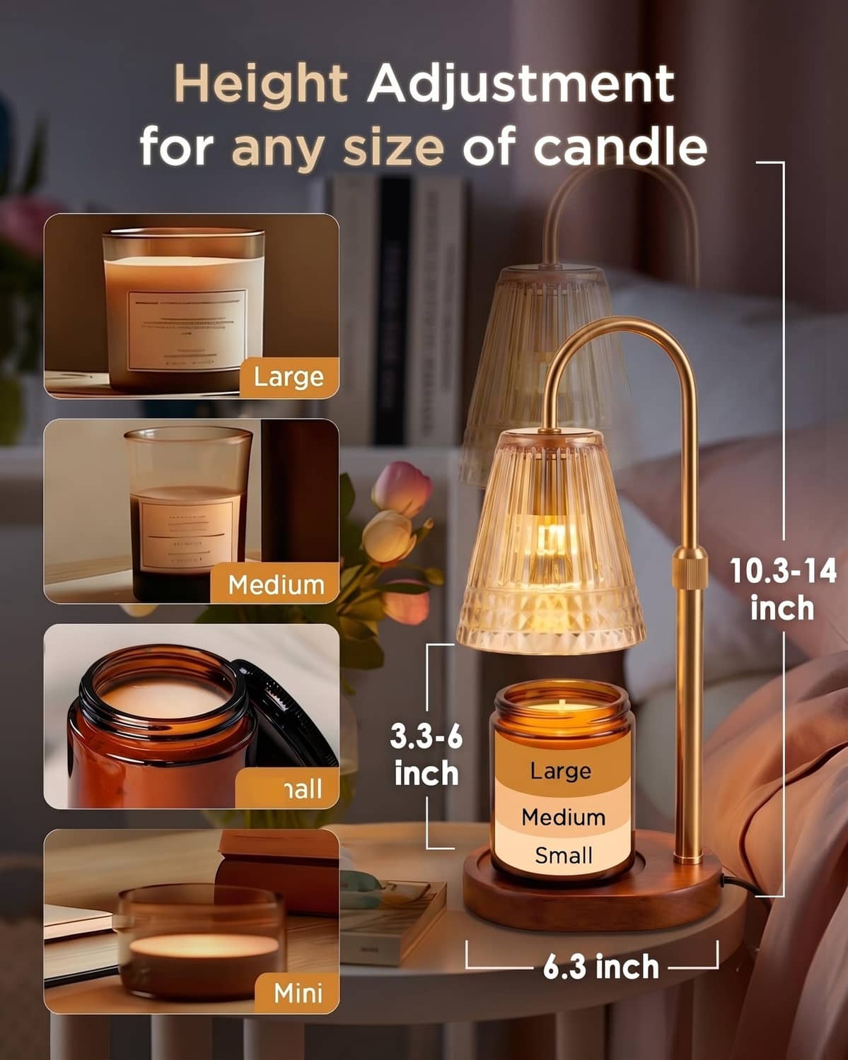 Adjustable-height gold candle warmer lamp with glass shade warming a jar candle