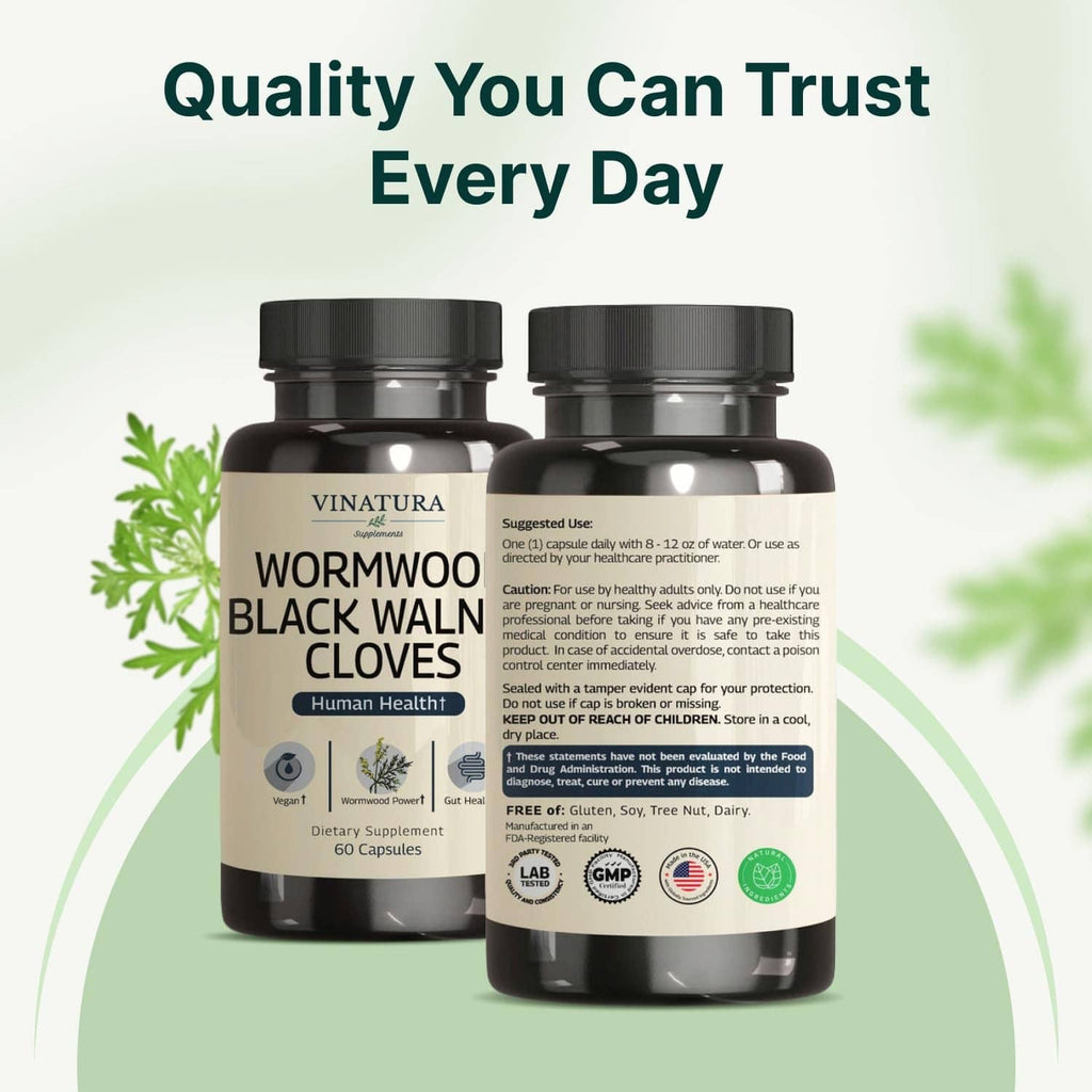 Two VINATURA wormwood black walnut cloves supplement bottles side by side with label fronts