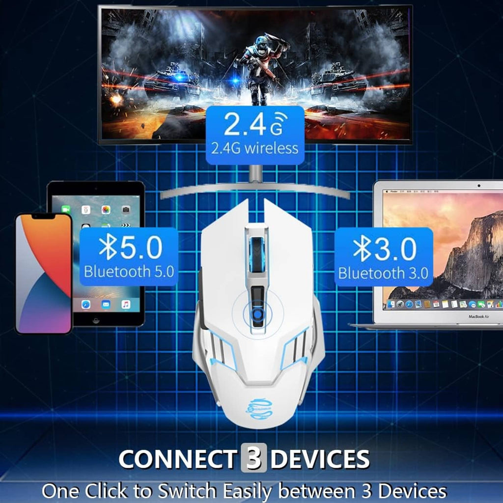 White wireless gaming mouse with glowing blue scroll and side light bars