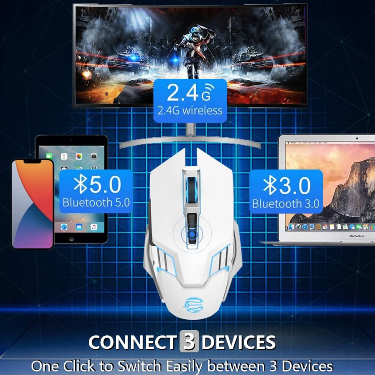 White wireless gaming mouse with glowing blue scroll and side light bars