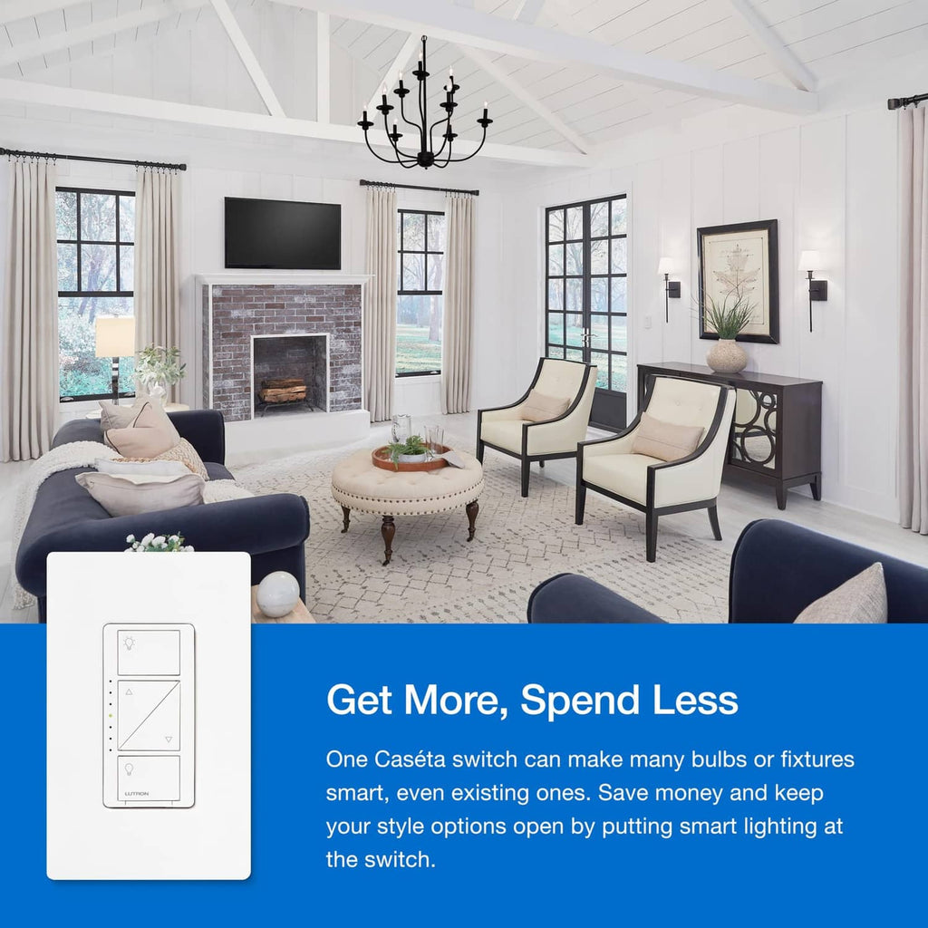 White smart dimmer wall switch beside a home living room scene