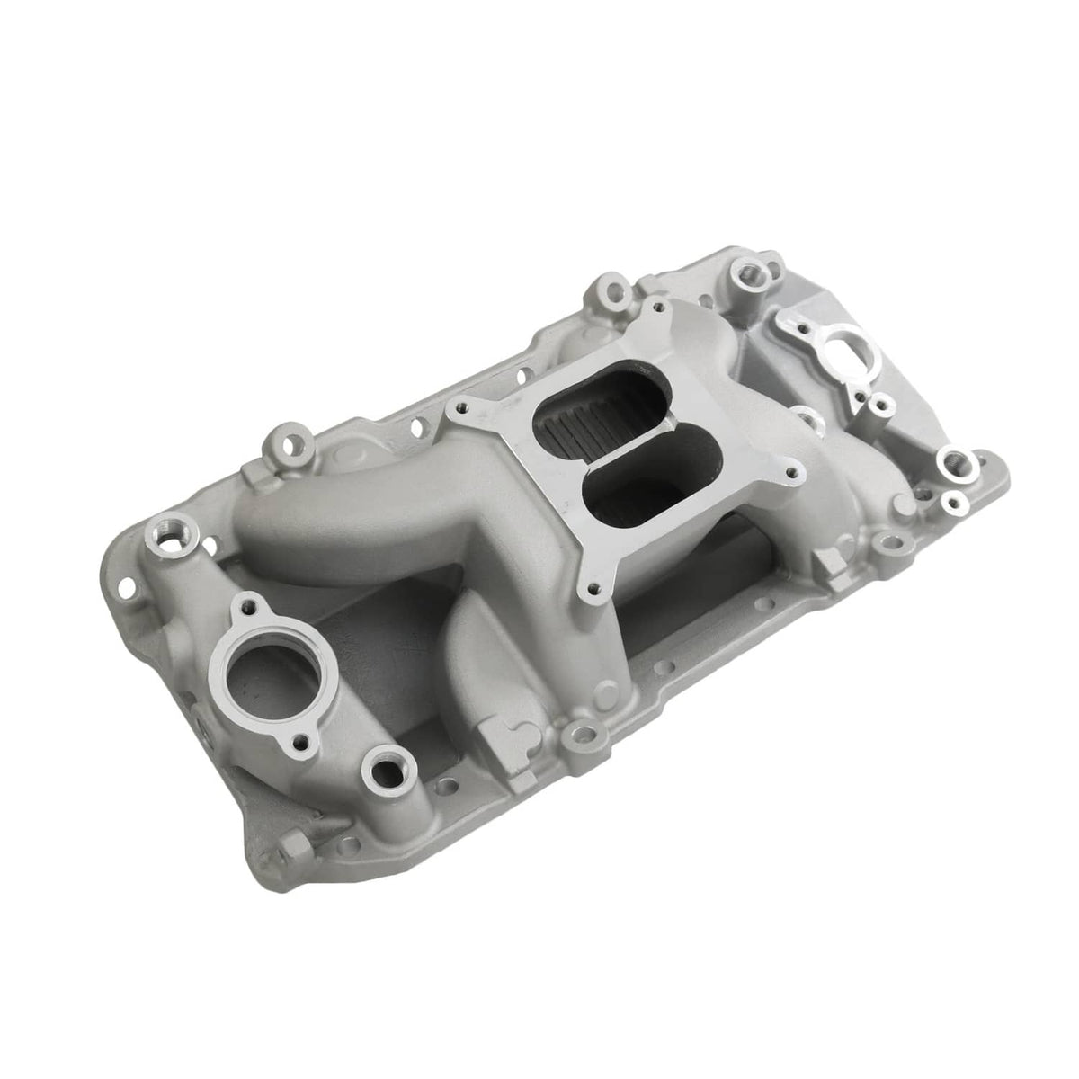 Dual plane intake manifold, angled side view with two intake channels and round ports