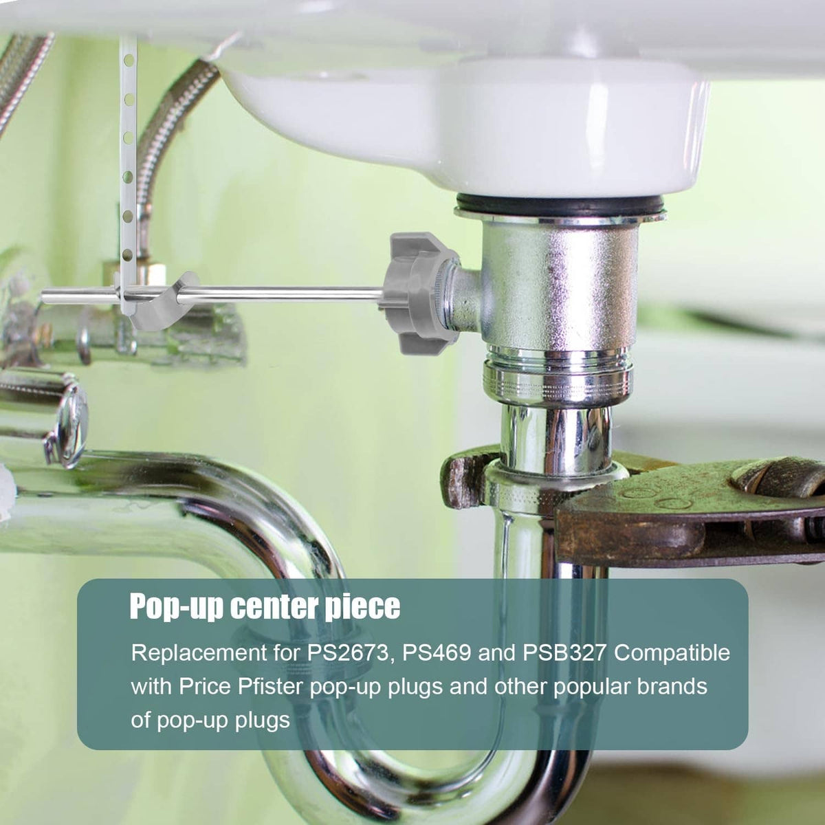 Grey pop-up sink drain stopper mechanism near the pop-up drain body and lever