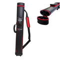 Black hard-shell oval pool cue case with red trim, handle and shoulder strap