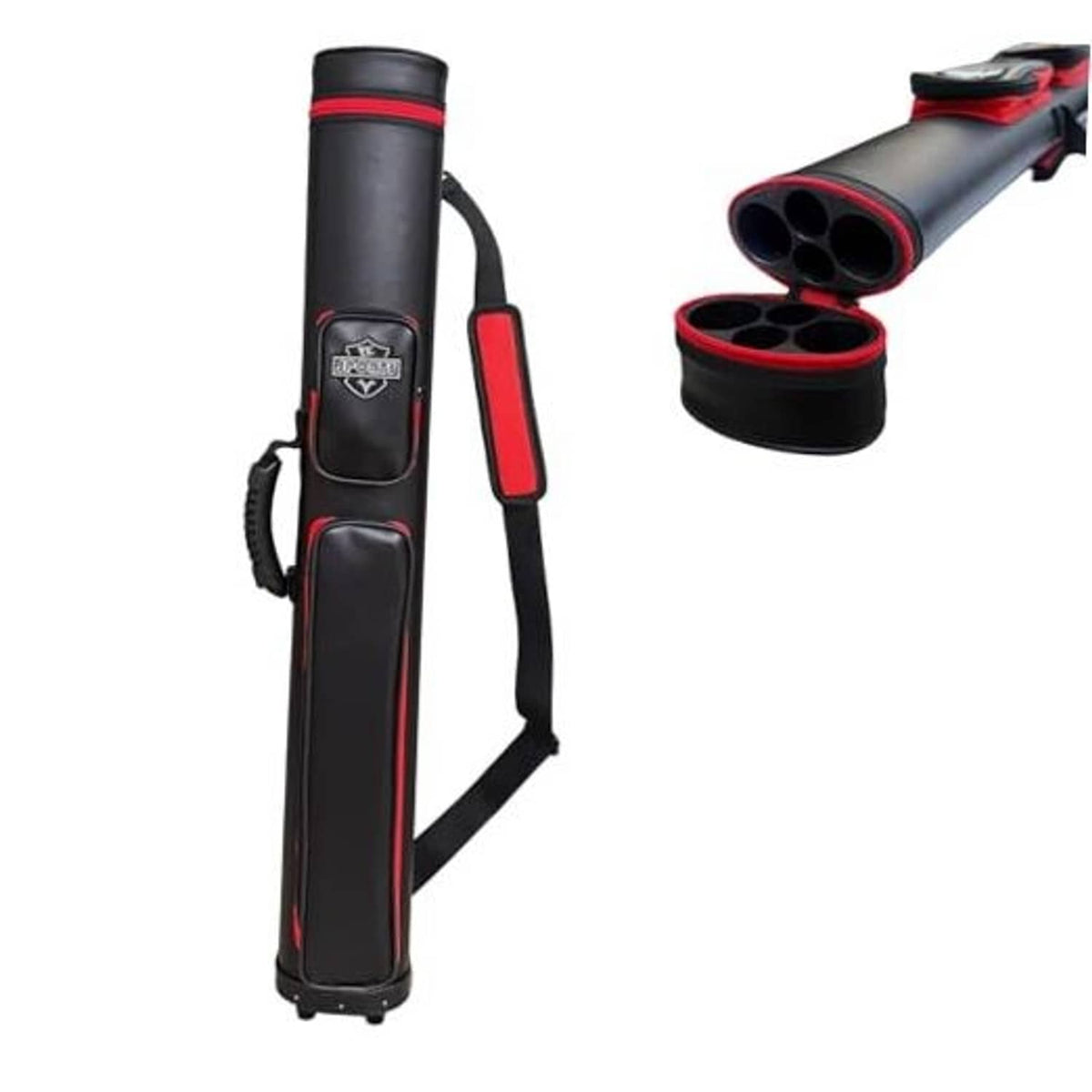 Black hard-shell oval pool cue case with red trim, handle and shoulder strap