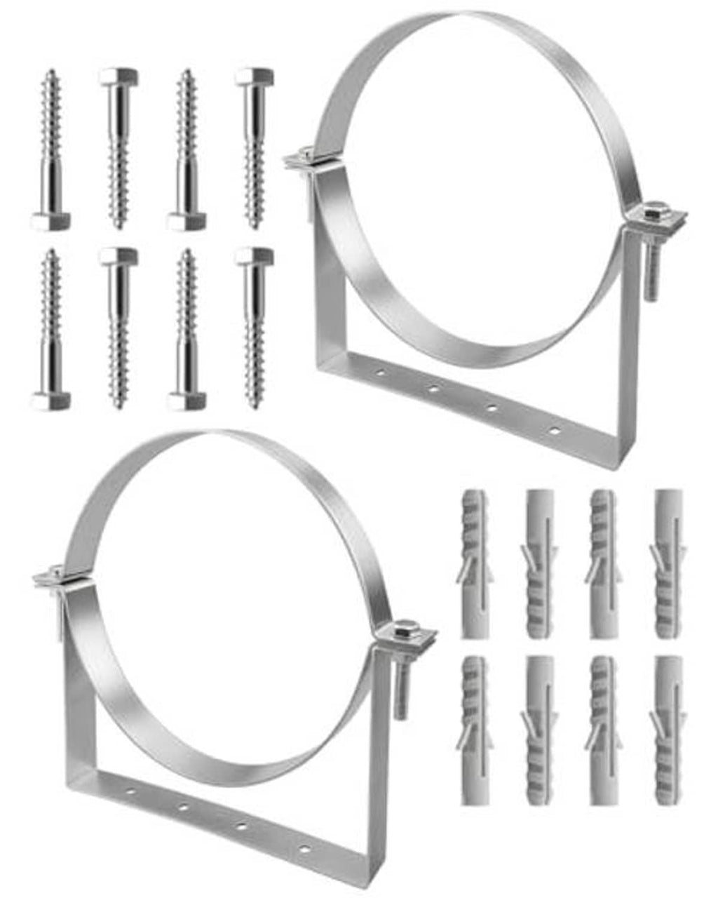 Split-ring pipe hanger set with two mounting brackets and included screws, heavy-duty steel