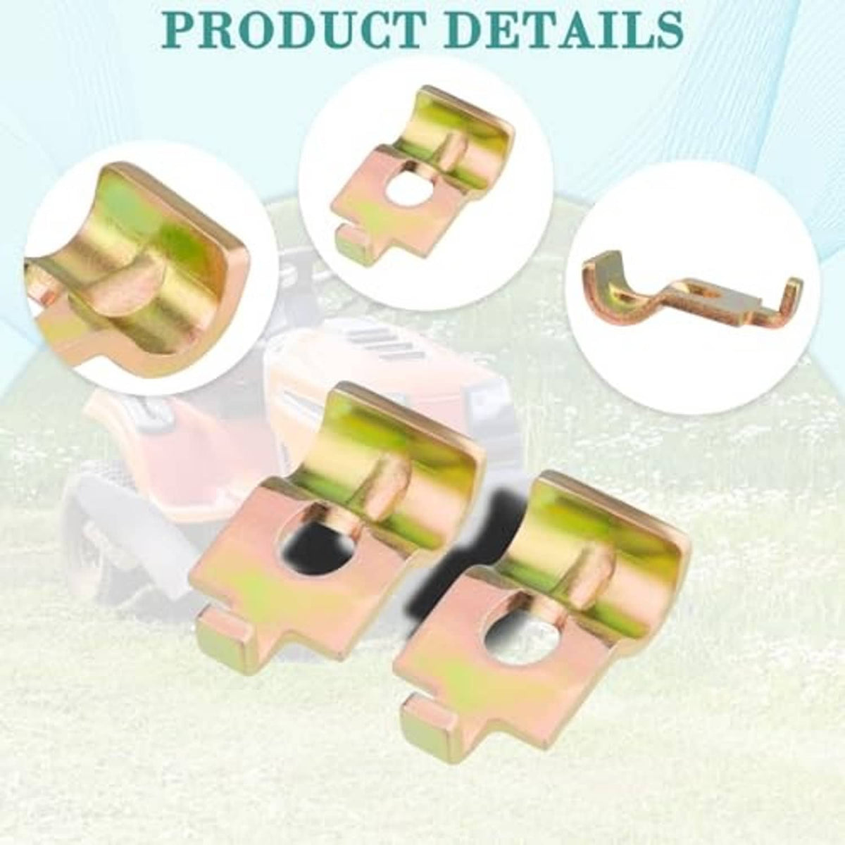 Throttle cable clamp detail view: yellow-zinc plated body with locking tabs