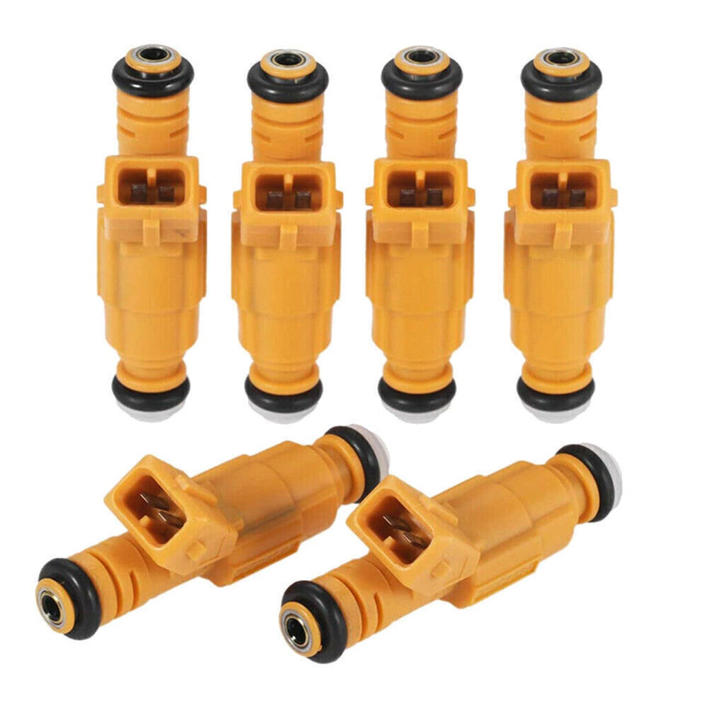 Fuel injector set with four orange injectors and two angled injectors, black seals