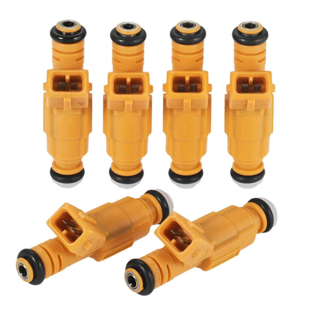 Fuel injector set with four orange injectors and two angled injectors, black seals