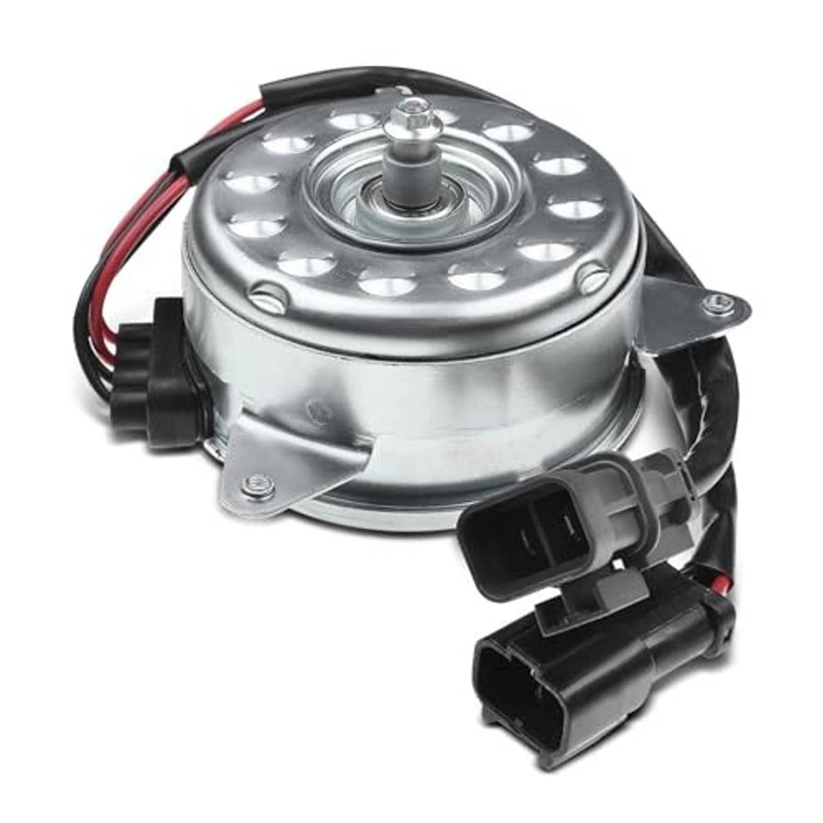 Radiator cooling fan motor with round metal housing, wiring leads, and mounting tab