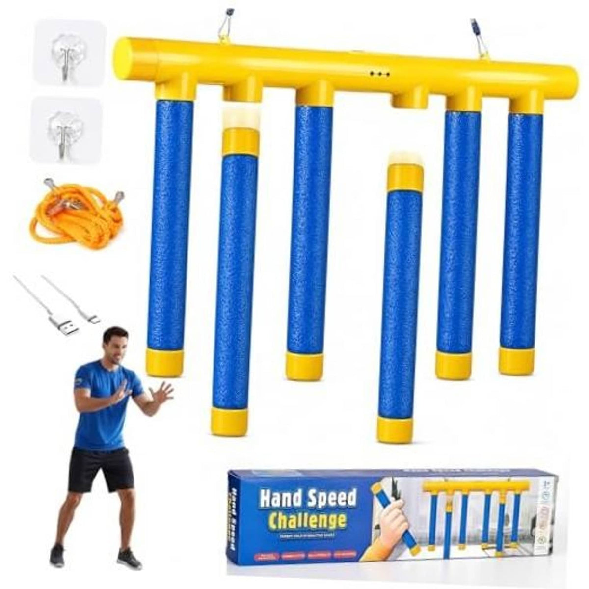Yellow-and-blue drop sticks reaction training game with hanging elastic ropes and foam posts