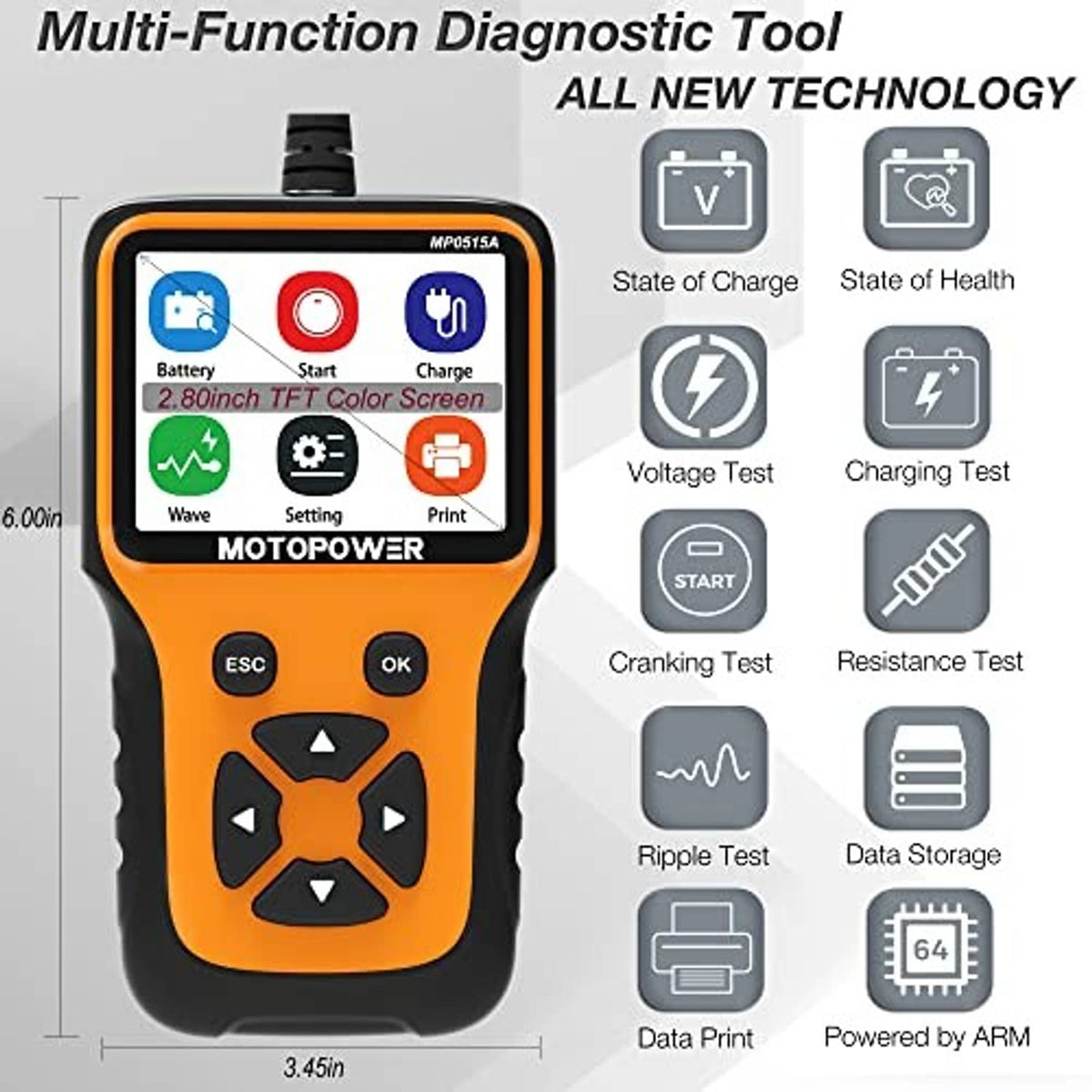 Car battery tester handheld with orange/black housing and LCD showing battery start charge icons