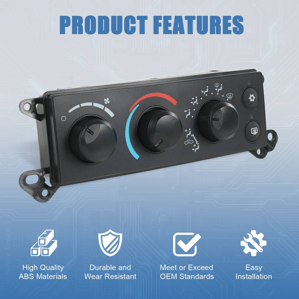 A/C heater climate control module front panel with three knobs and blue/red temperature arcs.