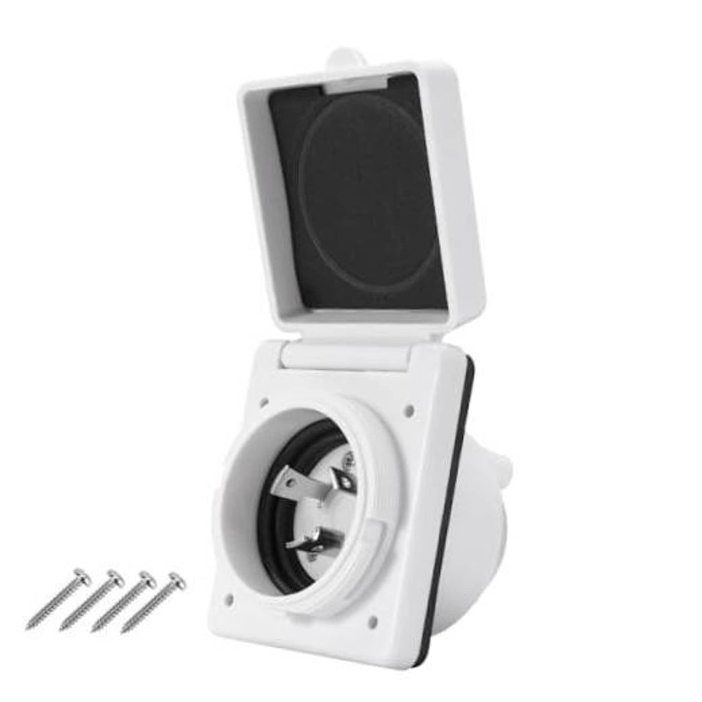 White twist-lock RV power inlet with hinged cover, black insert, and circular socket