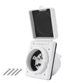 White twist-lock RV power inlet with hinged cover, black insert, and circular socket