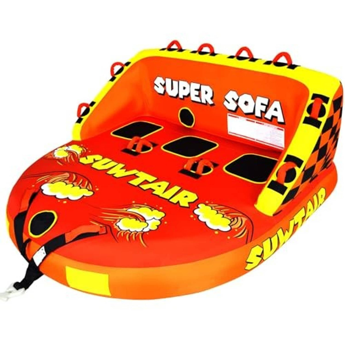 Inflatable towable pull tube, orange and yellow Super Sofa with tow rope and four seat holes.