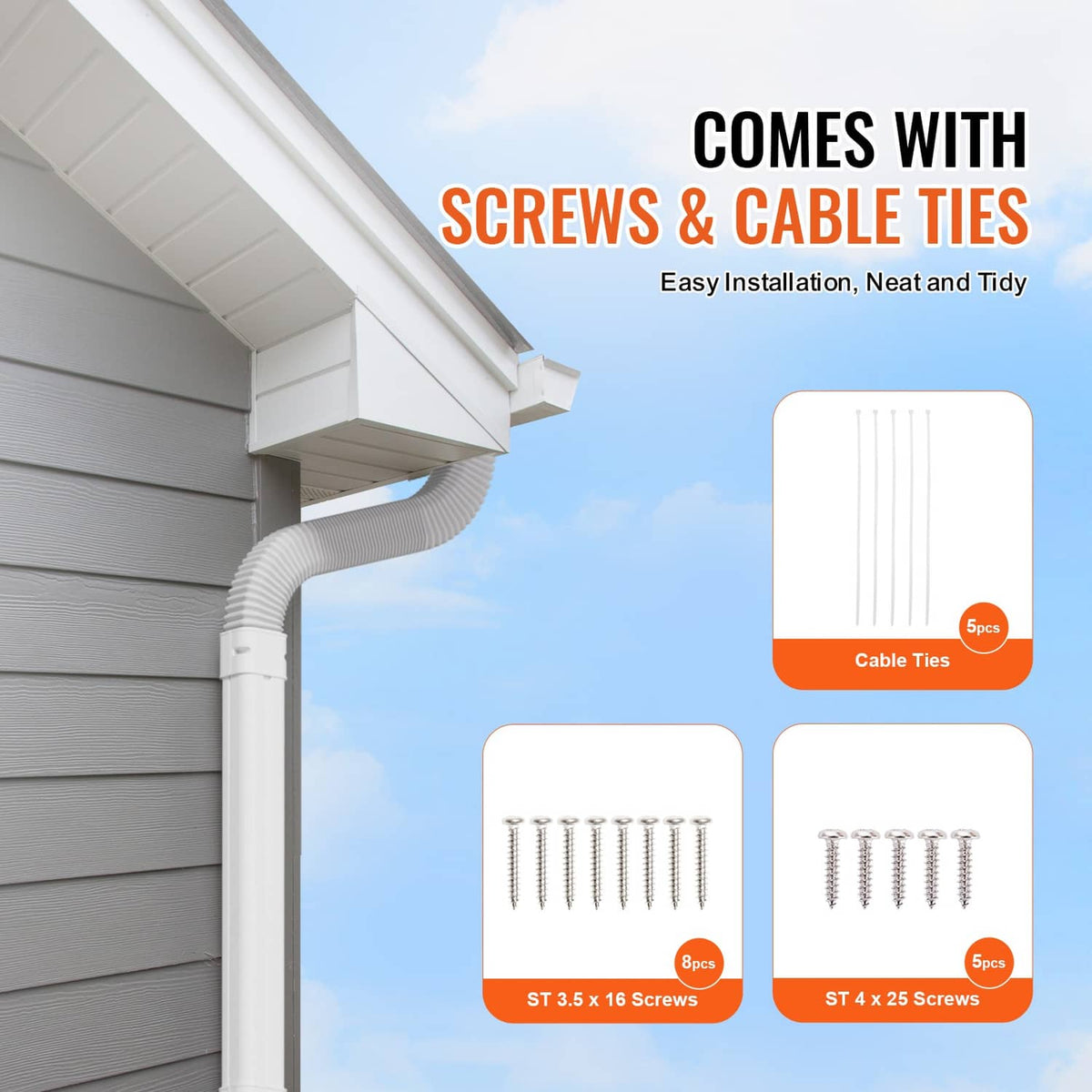 PVC line set cover kit with included screws and cable ties, white covers and caps
