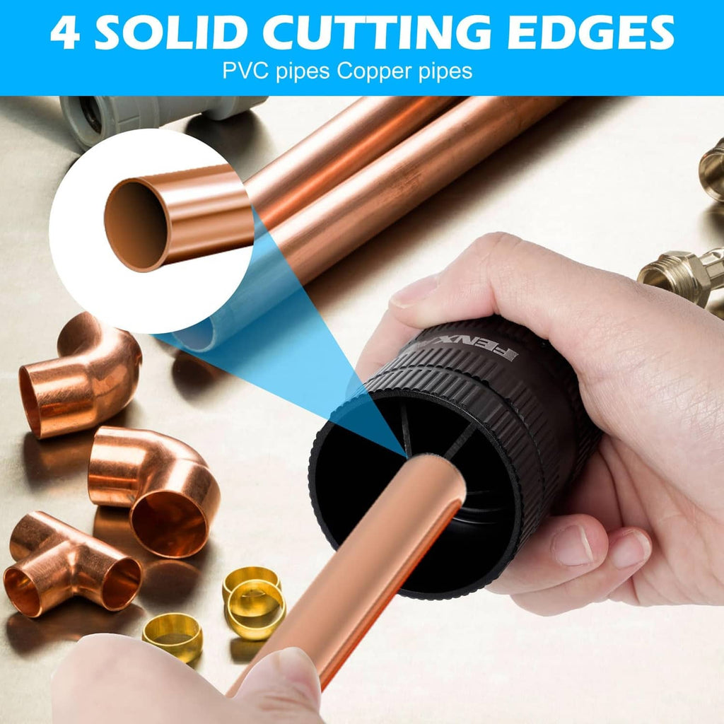 Black FENXAM pipe reamer tool used to deburr a copper pipe end